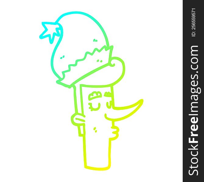 Cold Gradient Line Drawing Cartoon Man In Christmas Hat
