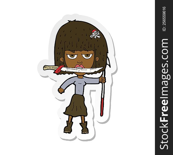 sticker of a cartoon woman with knife and harpoon