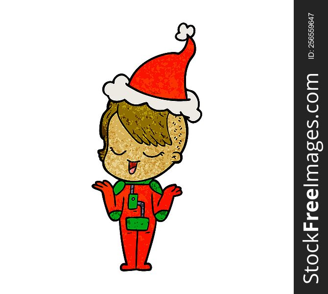 happy hand drawn textured cartoon of a girl in space suit wearing santa hat