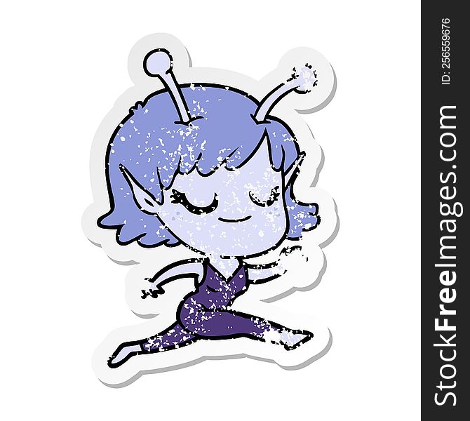 distressed sticker of a smiling alien girl cartoon running
