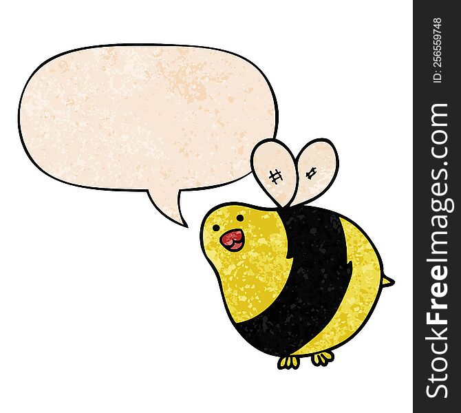 cartoon bee with speech bubble in retro texture style