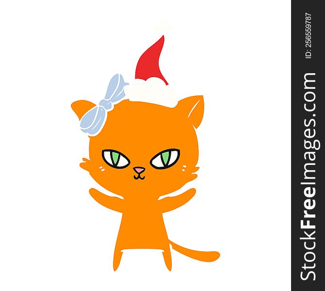 cute hand drawn flat color illustration of a cat wearing santa hat. cute hand drawn flat color illustration of a cat wearing santa hat