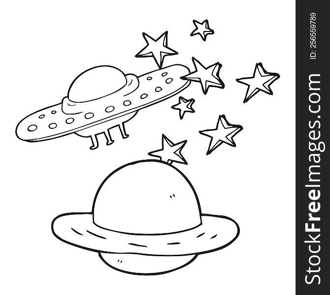 black and white cartoon flying saucer and planet