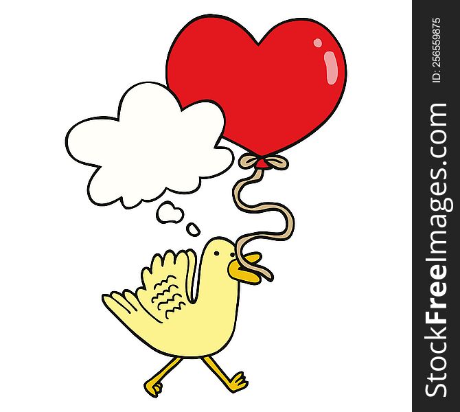 cartoon bird with heart balloon with thought bubble
