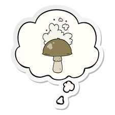 Free Cartoon Mushroom With Spore Cloud And Thought Bubble As A Printed Sticker Stock Photo - 256560660