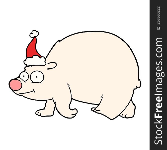 Line Drawing Of A Walking Polar Bear Wearing Santa Hat