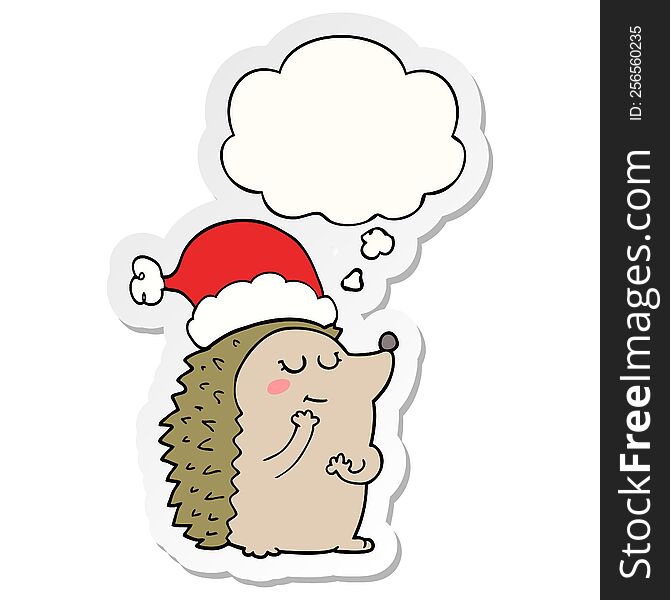 Cartoon Hedgehog Wearing Christmas Hat And Thought Bubble As A Printed Sticker