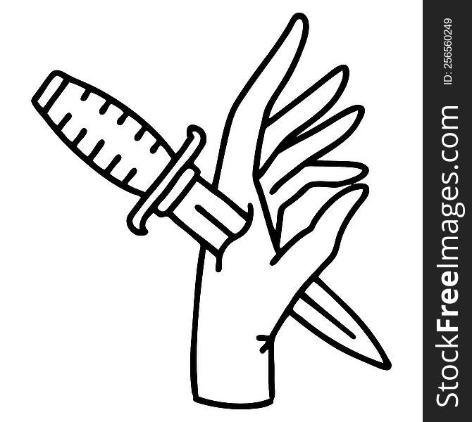 tattoo in black line style of a dagger in the hand. tattoo in black line style of a dagger in the hand