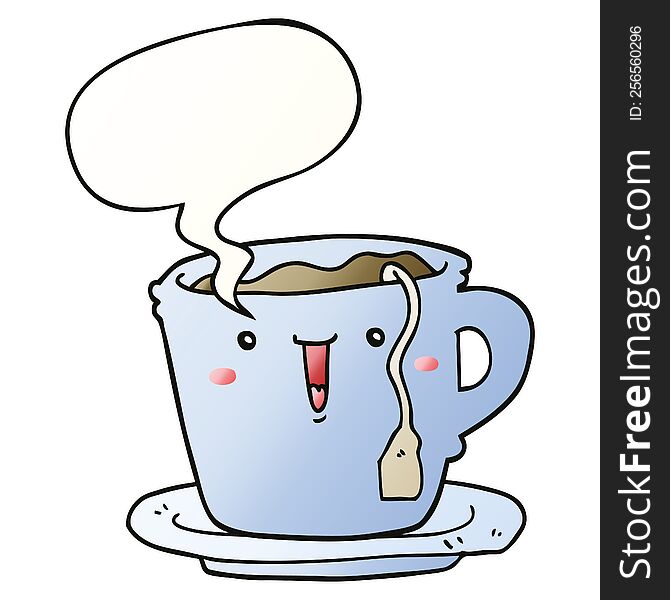 Cute Cartoon Cup And Saucer And Speech Bubble In Smooth Gradient Style