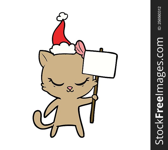 Cute Line Drawing Of A Cat With Sign Wearing Santa Hat