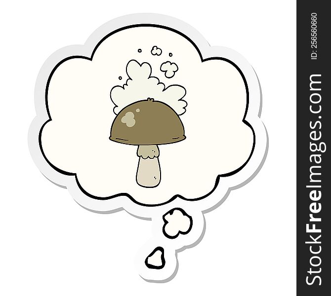 cartoon mushroom with spore cloud with thought bubble as a printed sticker