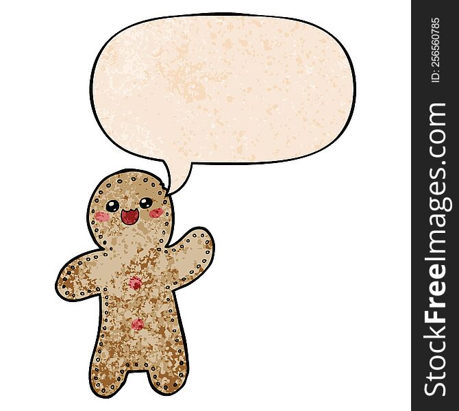 Cartoon Gingerbread Man And Speech Bubble In Retro Texture Style