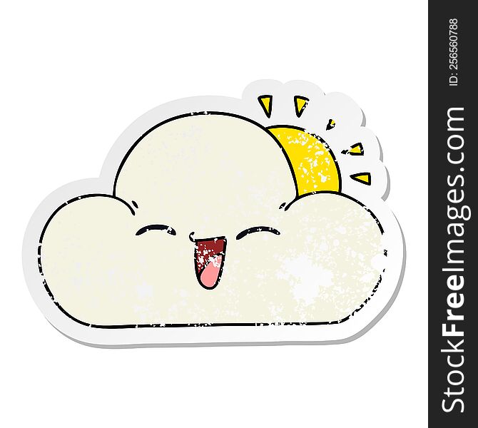 distressed sticker of a quirky hand drawn cartoon sun and happy cloud