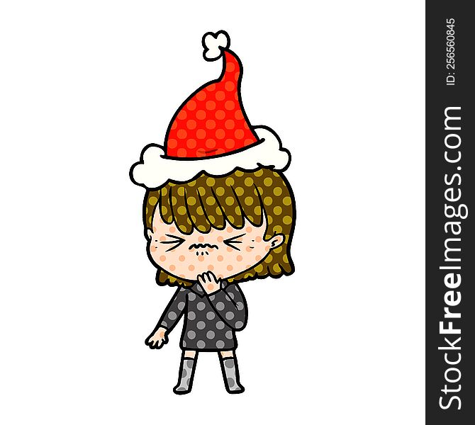 Comic Book Style Illustration Of A Girl Regretting A Mistake Wearing Santa Hat