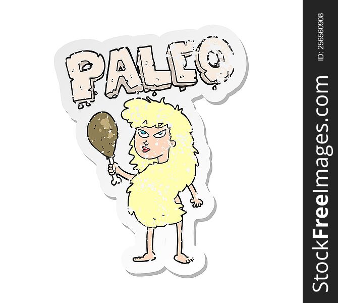 Retro Distressed Sticker Of A Cartoon Woman On Paleo Diet