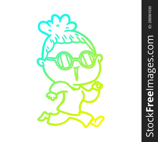 Cold Gradient Line Drawing Cartoon Running Woman Wearing Spectacles