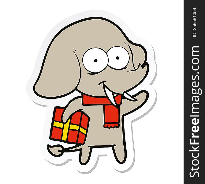 Sticker Of A Happy Cartoon Elephant With Present