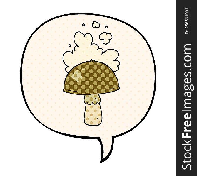 cartoon mushroom with spore cloud with speech bubble in comic book style. cartoon mushroom with spore cloud with speech bubble in comic book style