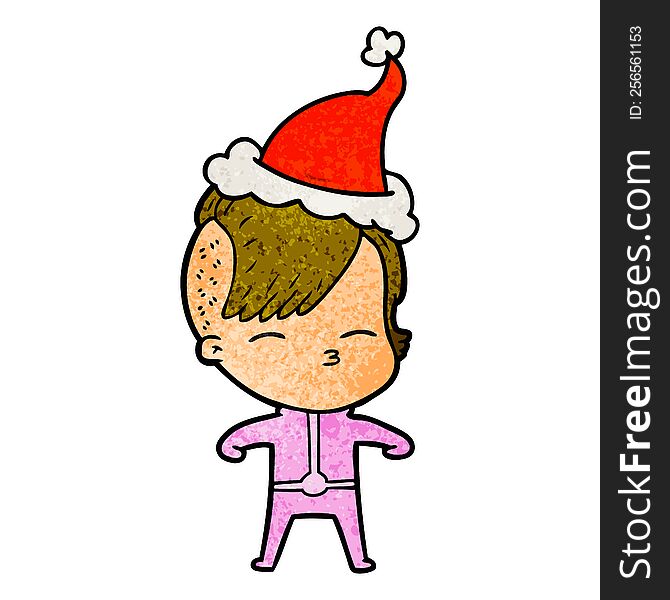 hand drawn textured cartoon of a girl wearing futuristic clothes wearing santa hat