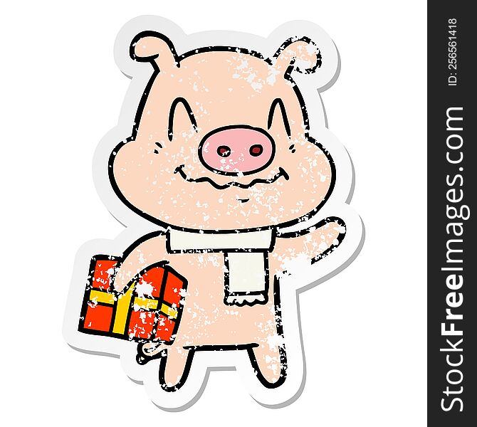 Distressed Sticker Of A Nervous Cartoon Pig With Present