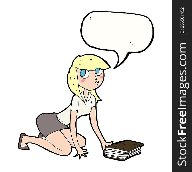 Cartoon Girl Picking Up Book With Speech Bubble