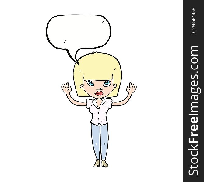 Cartoon Woman With Raised Hands With Speech Bubble