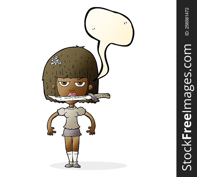 cartoon woman with knife between teeth with speech bubble