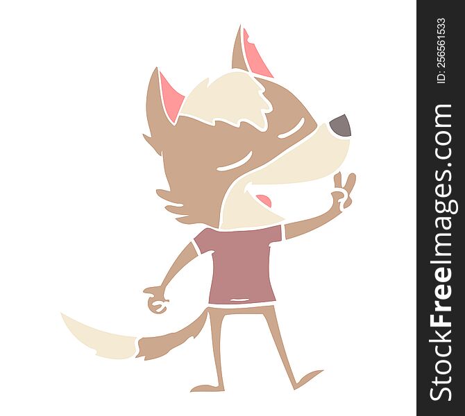 flat color style cartoon wolf giving peace sign