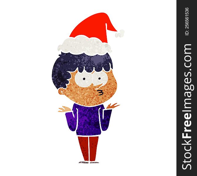 Retro Cartoon Of A Curious Boy Shrugging Shoulders Wearing Santa Hat