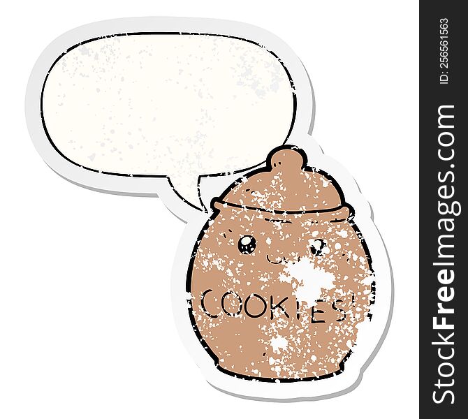 cartoon cookie jar with speech bubble distressed distressed old sticker. cartoon cookie jar with speech bubble distressed distressed old sticker