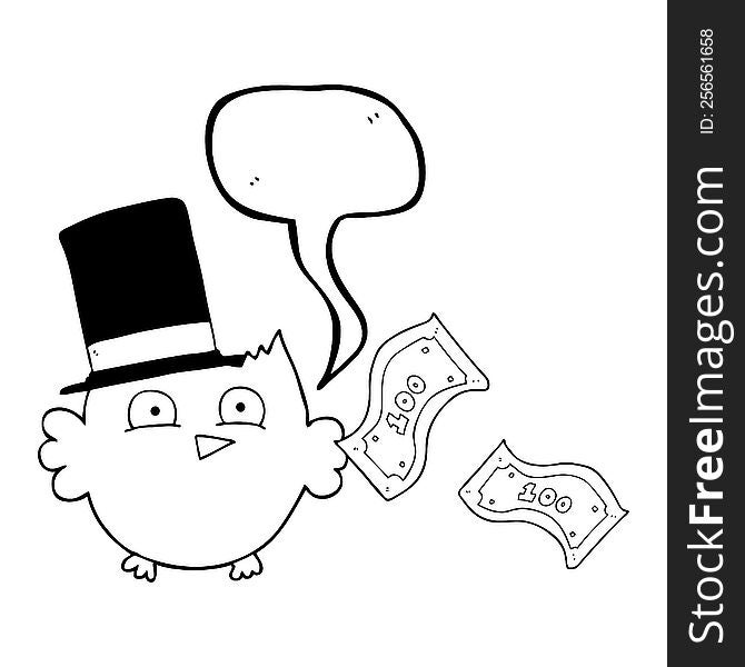freehand drawn speech bubble cartoon wealthy little owl with top hat