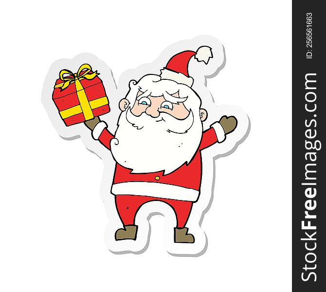 Sticker Of A Cartoon Happy Santa Claus With Present