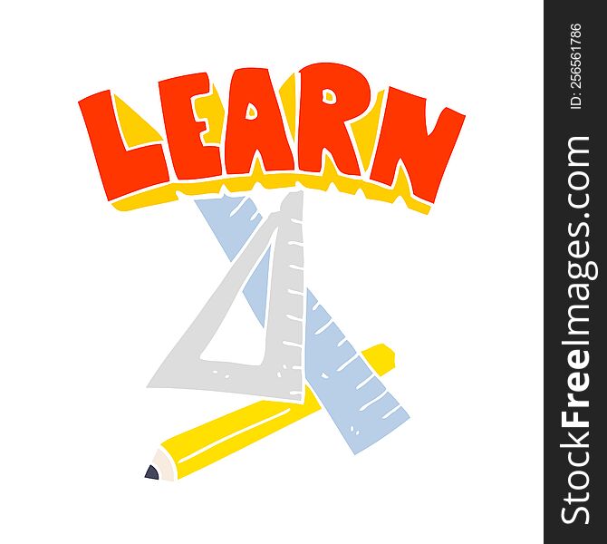 flat color illustration of a cartoon pencil and ruler under Learn symbol