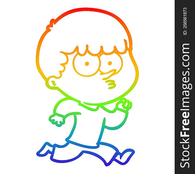 rainbow gradient line drawing of a cartoon curious boy running