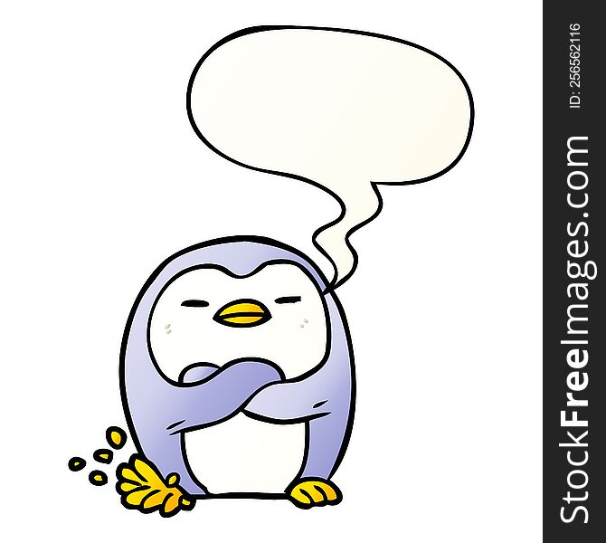 cartoon penguin tapping foot with speech bubble in smooth gradient style
