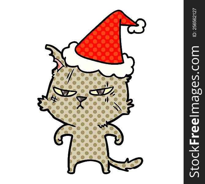 Tough Comic Book Style Illustration Of A Cat Wearing Santa Hat