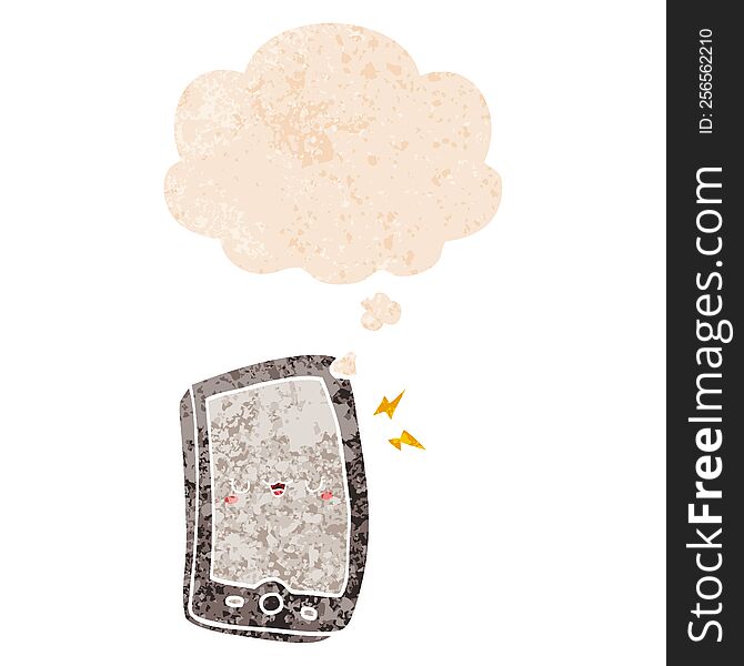 Cute Cartoon Mobile Phone And Thought Bubble In Retro Textured Style