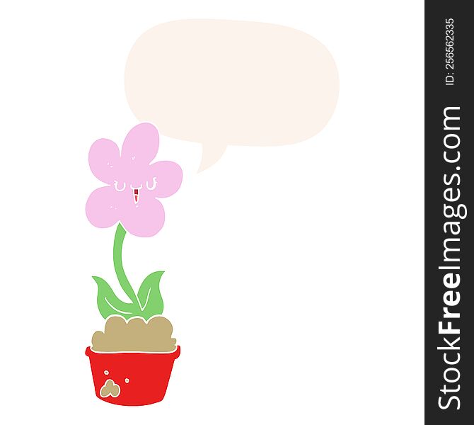 cute cartoon flower with speech bubble in retro style