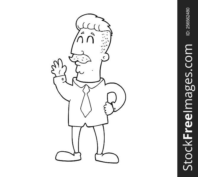 freehand drawn black and white cartoon office man waving
