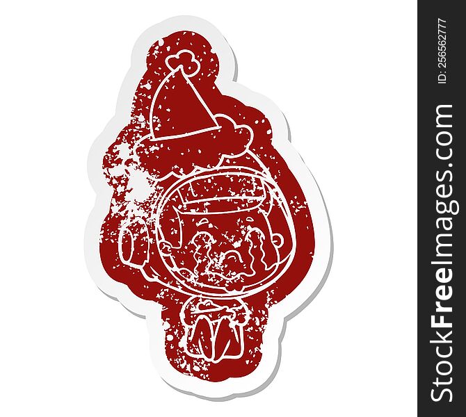 Cartoon Distressed Sticker Of A Crying Astronaut Wearing Santa Hat