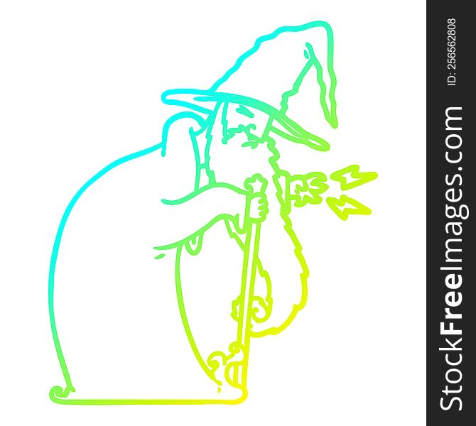 cold gradient line drawing of a cartoon wizard