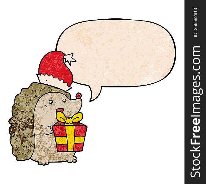 Cartoon Hedgehog Wearing Christmas Hat And Speech Bubble In Retro Texture Style