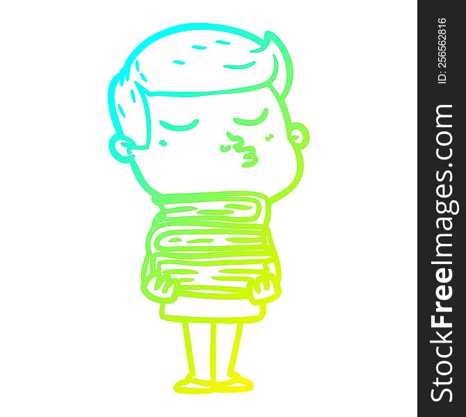 cold gradient line drawing of a cartoon model guy pouting holding books