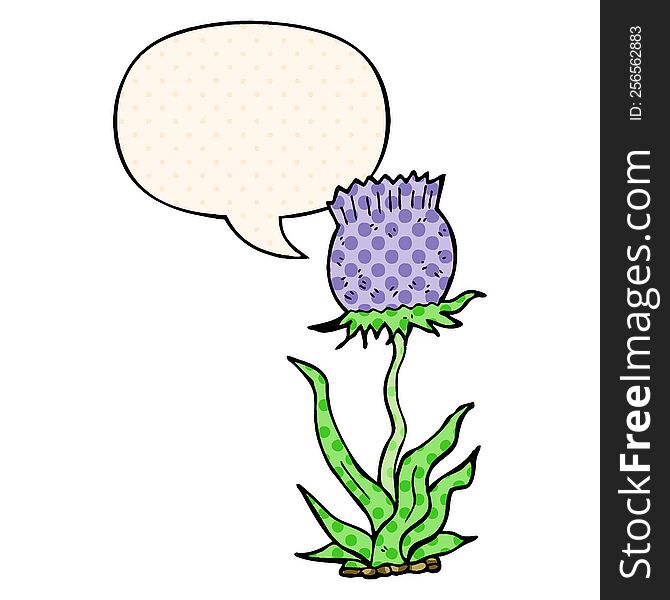 cartoon wild flower with speech bubble in comic book style