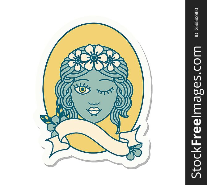 tattoo style sticker with banner of a maiden with crown of flowers winking