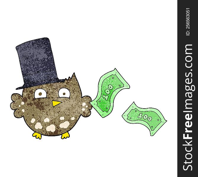 freehand textured cartoon wealthy little owl with top hat