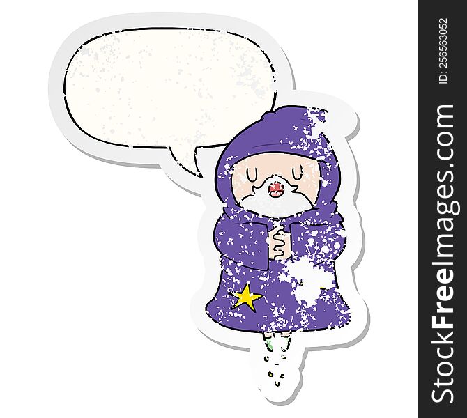 Cartoon Floating Wizard And Speech Bubble Distressed Sticker