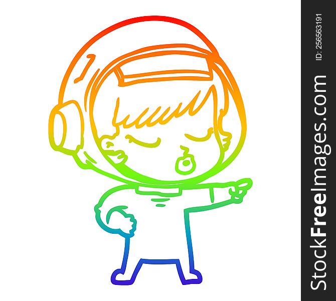 rainbow gradient line drawing of a cartoon pretty astronaut girl pointing