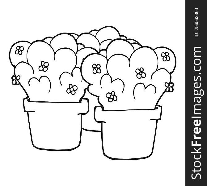 freehand drawn black and white cartoon potted plants