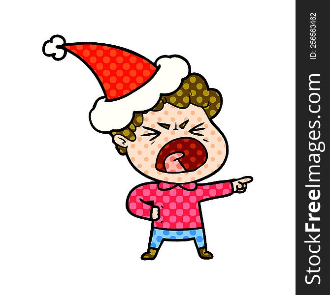 Comic Book Style Illustration Of A Furious Man Wearing Santa Hat